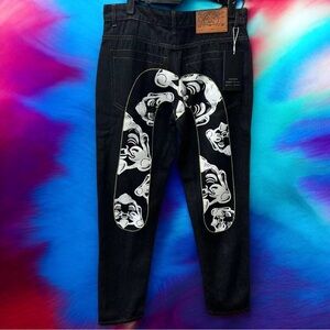 Evisu Navy and White Graphic Straight Jeans